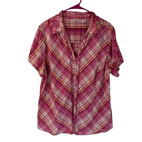 St. John’s Bay Plaid Button Up Shirt Plus 2X Embroidered Collared Pink Orange - Picture 1 of 5